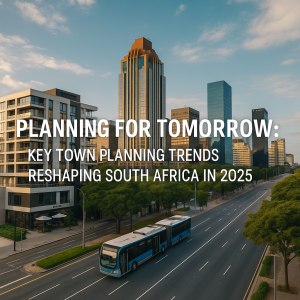 A modern South African cityscape symbolizing 2025 town planning trends. Town Planning Trends South Africa 2025